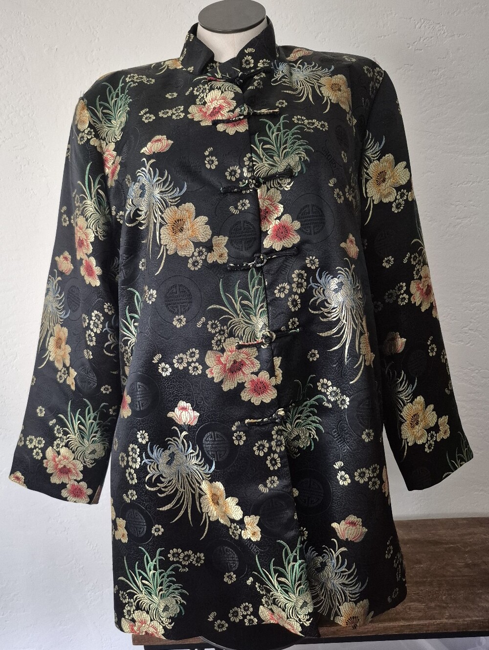 Vintage Black Floral Satin Mandarin Collar Kimono Jacket 2X